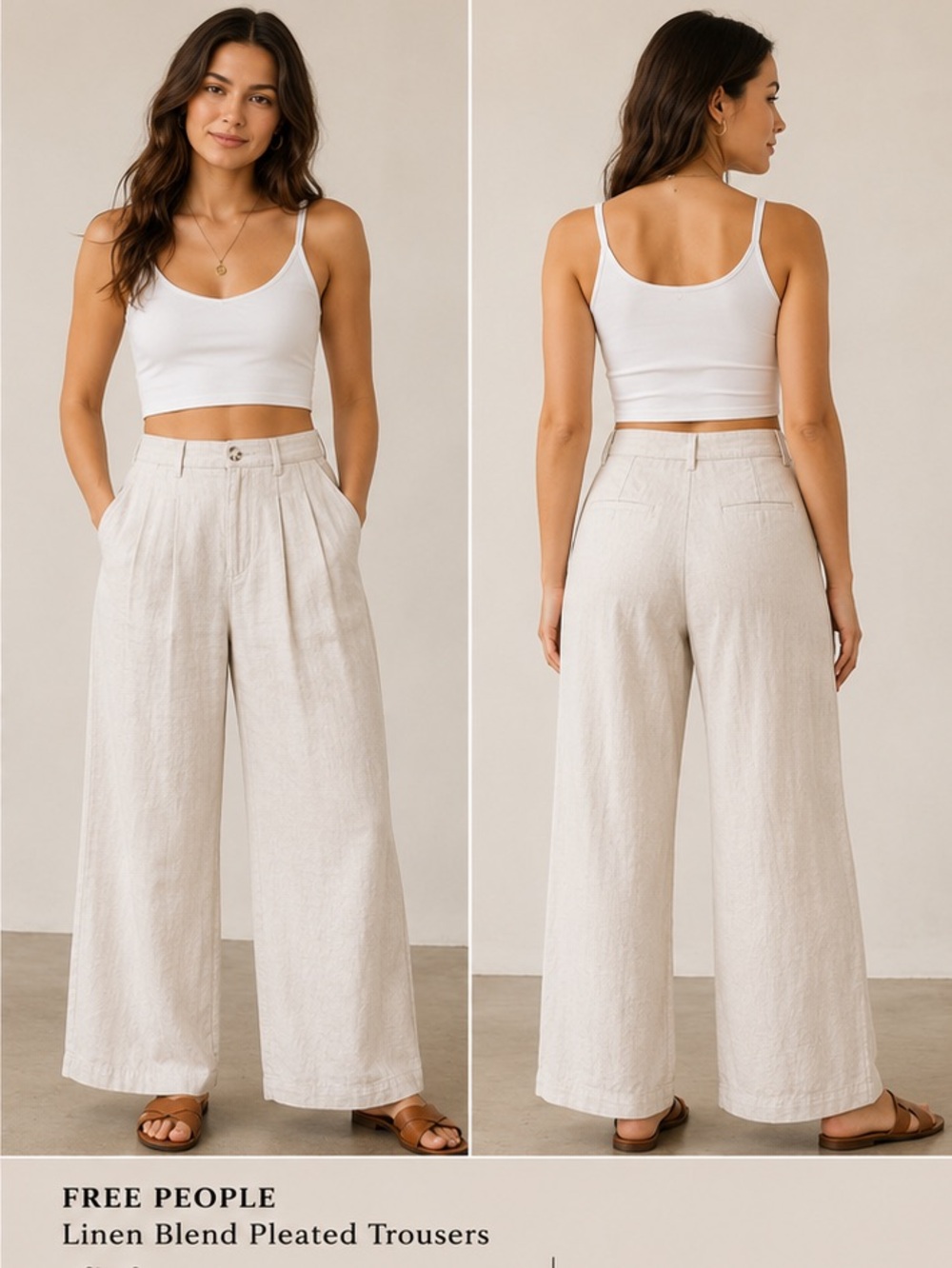 Free People Linen Blend Wide Leg Pants 8 High Rise Pleated Neutral Coastal Boho